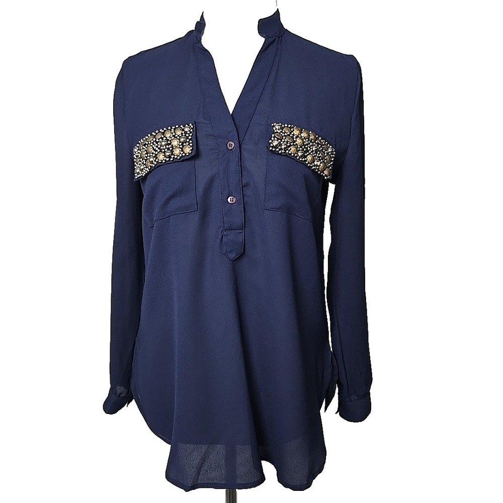 Blue Rain Navy Blue‎ Chiffon Embellished Pocket Tab-Sleeve Blouse Top Size Small